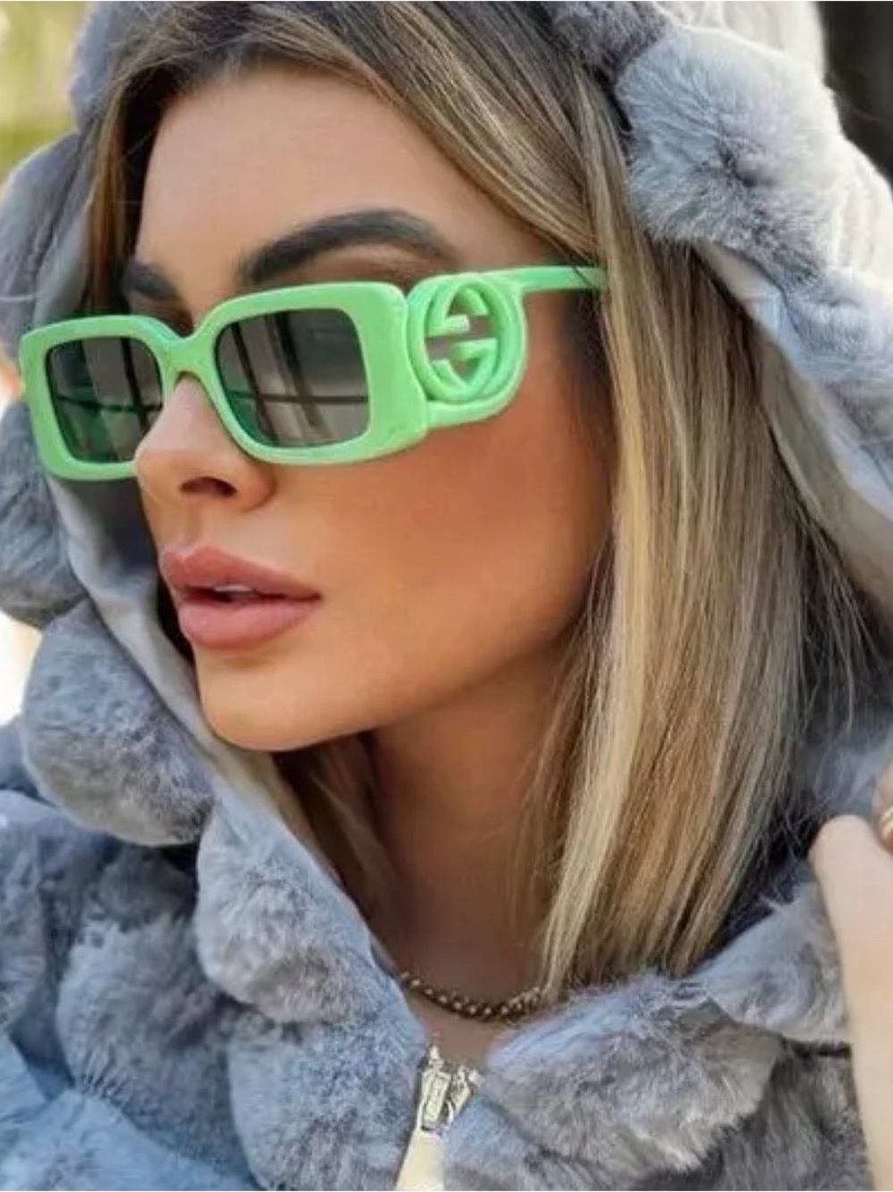 Mint Green Rectangle Sunglasses with Logo Temple